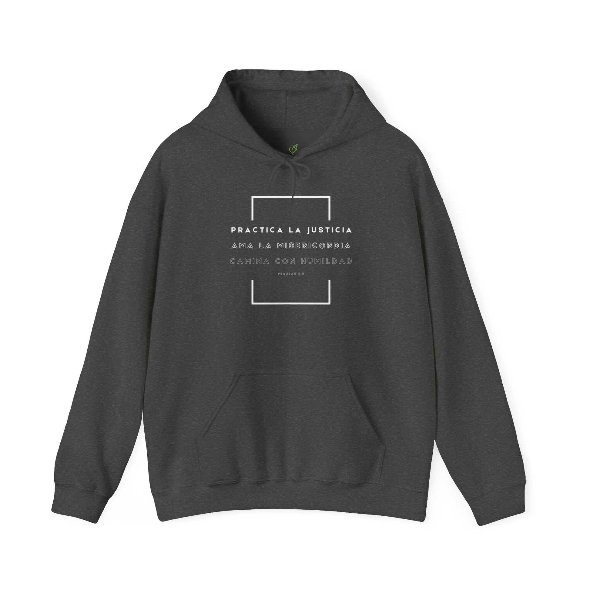 Dark Christian hoodie with Spanish Bible verse Micah 6:8, minimalist white text design