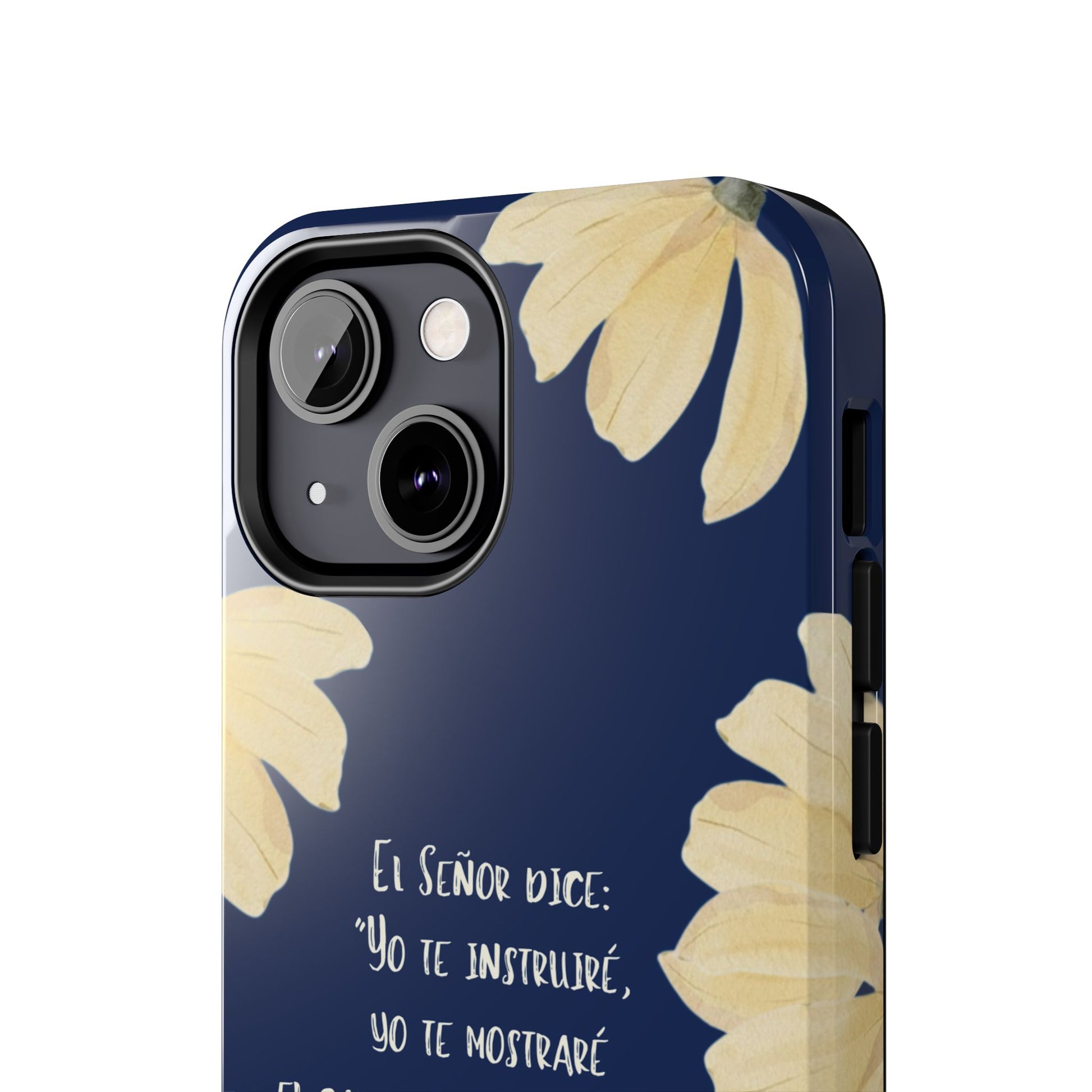 Navy blue Christian phone case with yellow flowers and Spanish Scripture verse design