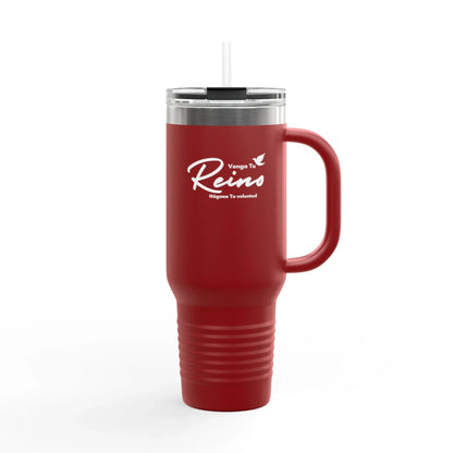 Red Christian travel mug with handle, straw, and 'Venga Tu Reino' Spanish faith text