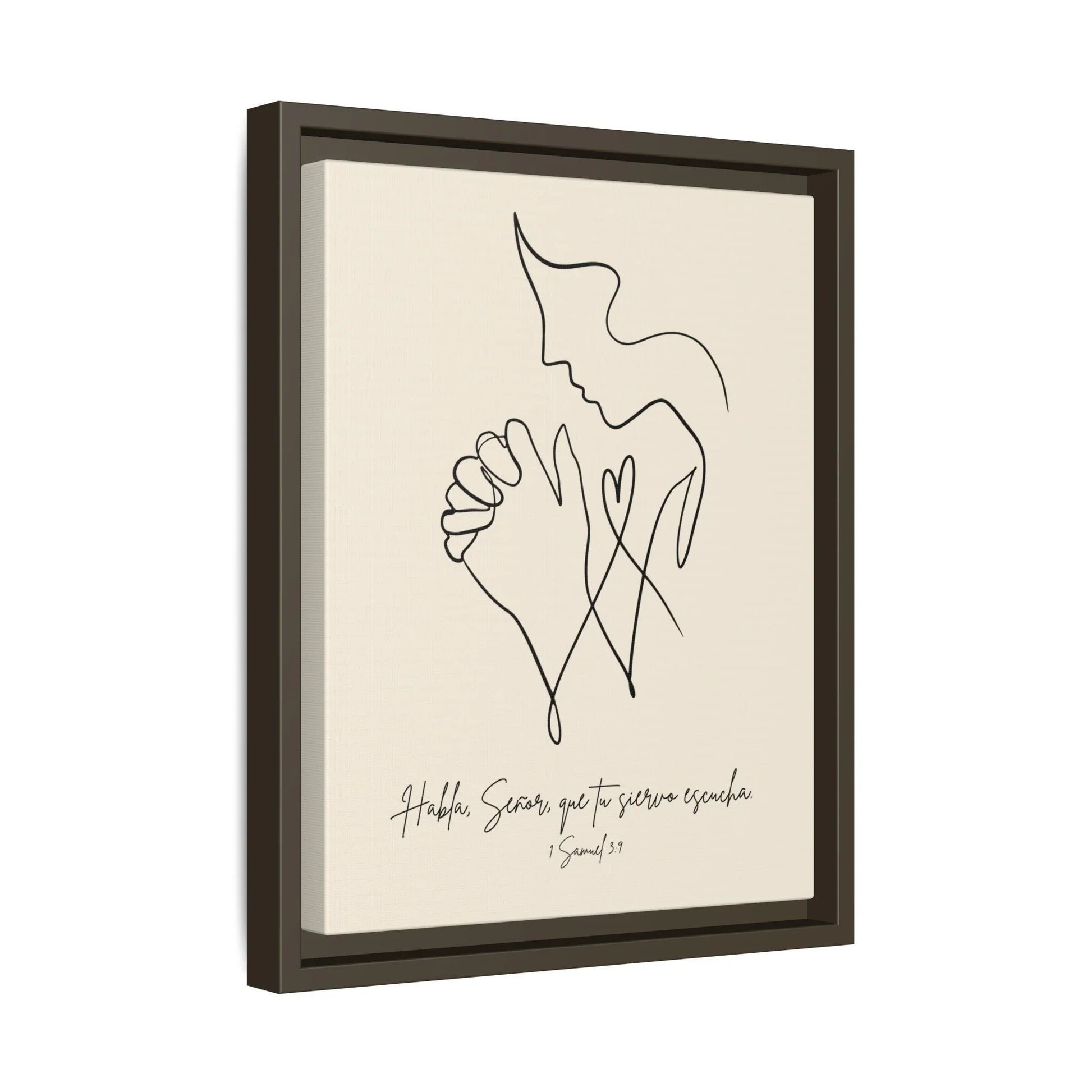 Minimalist Christian wall art of praying figure with 1 Samuel 3:9 verse in Spanish