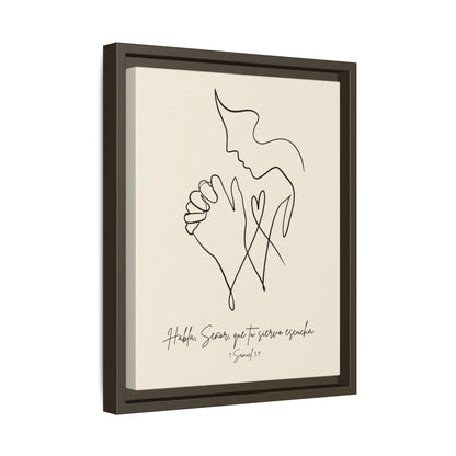 Minimalist Christian wall art of praying figure with 1 Samuel 3:9 verse in Spanish