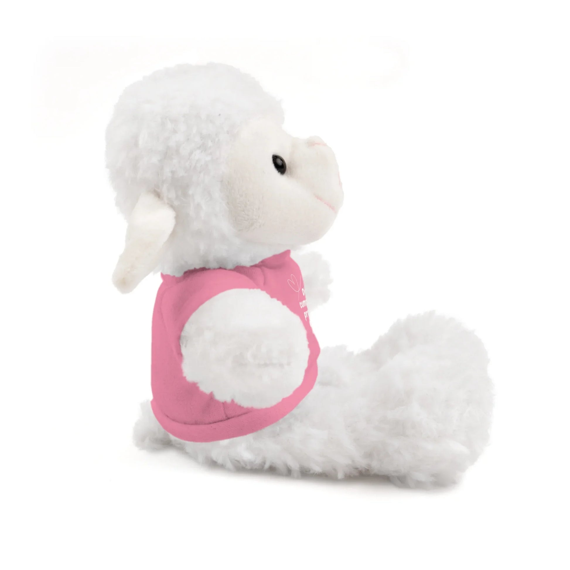 Plush white lamb wearing a pink shirt, Christian gift, soft toy on white background