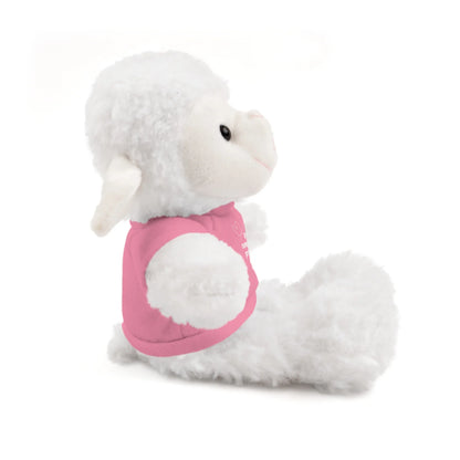 Plush white lamb wearing a pink shirt, Christian gift, soft toy on white background