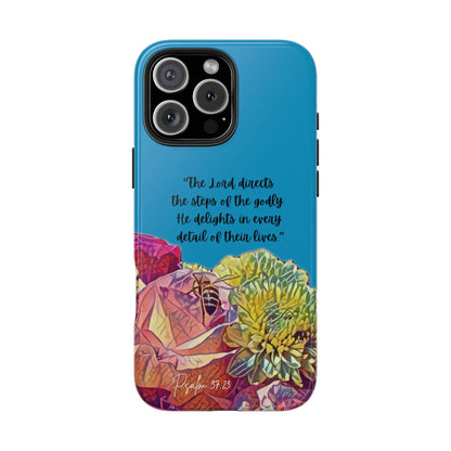 Blue Christian phone case with colorful floral design and Psalm 37:23 Bible verse text.