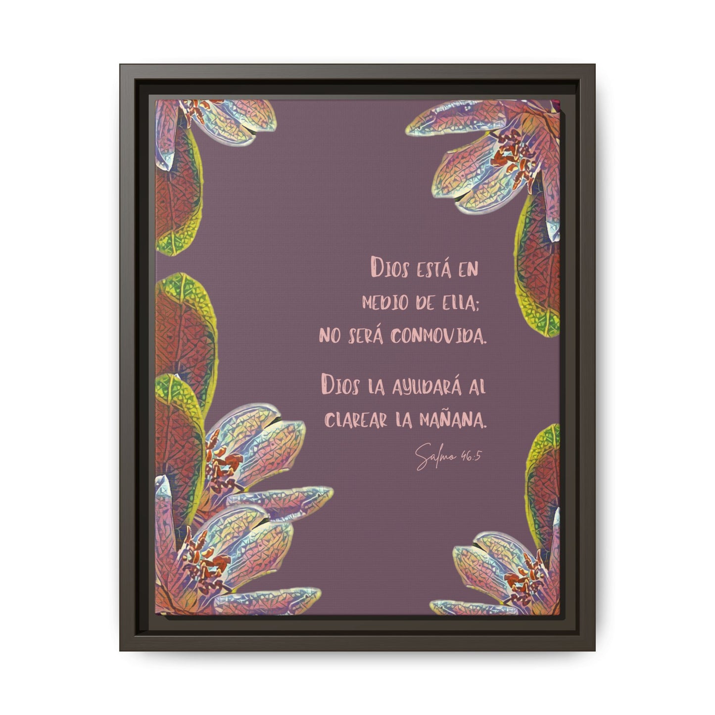 Framed Christian wall art with Psalm 46:5 in Spanish, floral accents on purple background