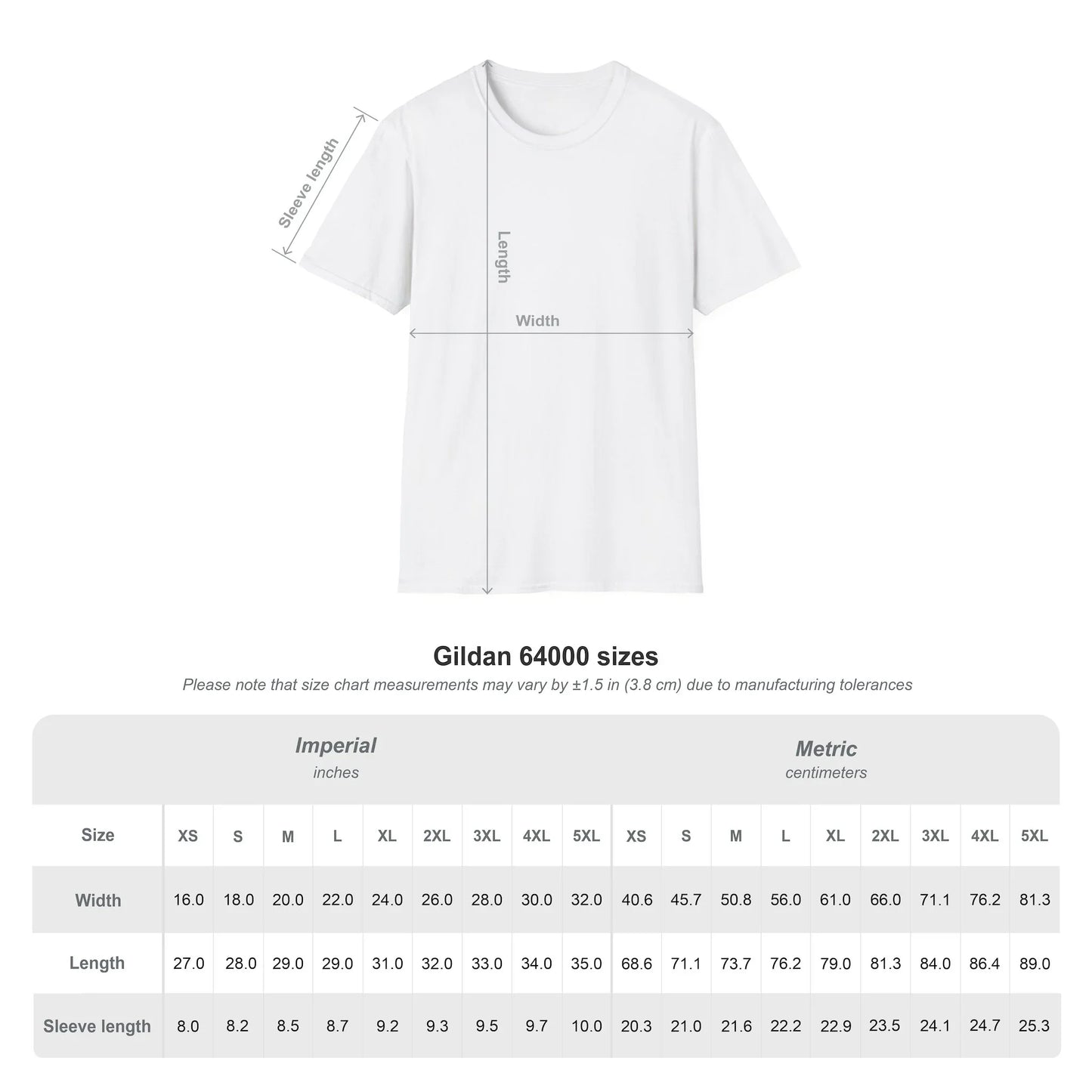 Gildan 64000 t-shirt size chart with width, length, and sleeve measurements in inches and centimeters.