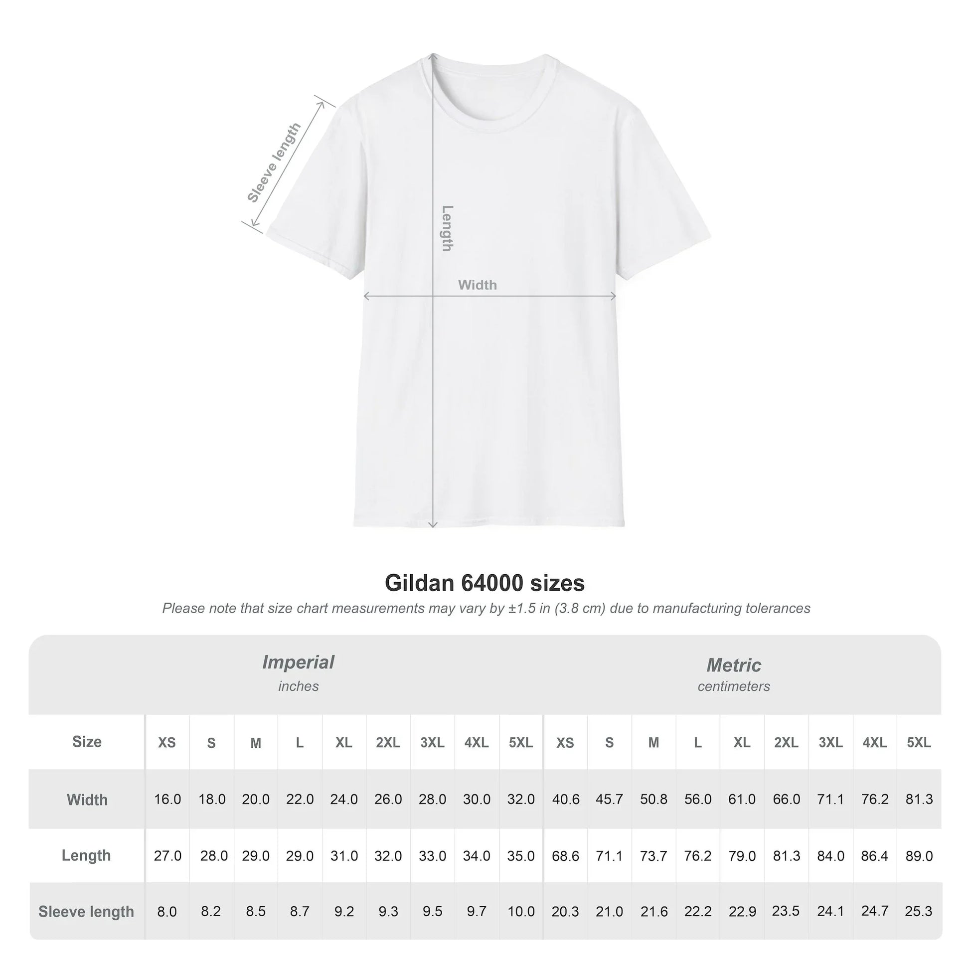 Gildan 64000 t-shirt size chart with width, length, and sleeve measurements in inches and centimeters.
