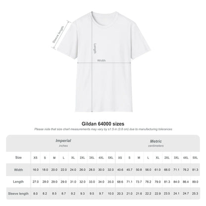 Gildan 64000 t-shirt size chart with width, length, and sleeve measurements in inches and centimeters.