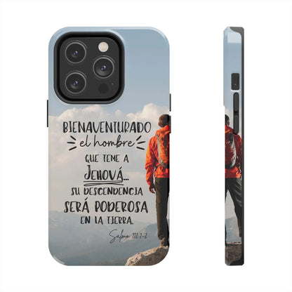 Christian phone case with Psalm 112:1-2 in Spanish, hiker on mountain, faith-inspired design
