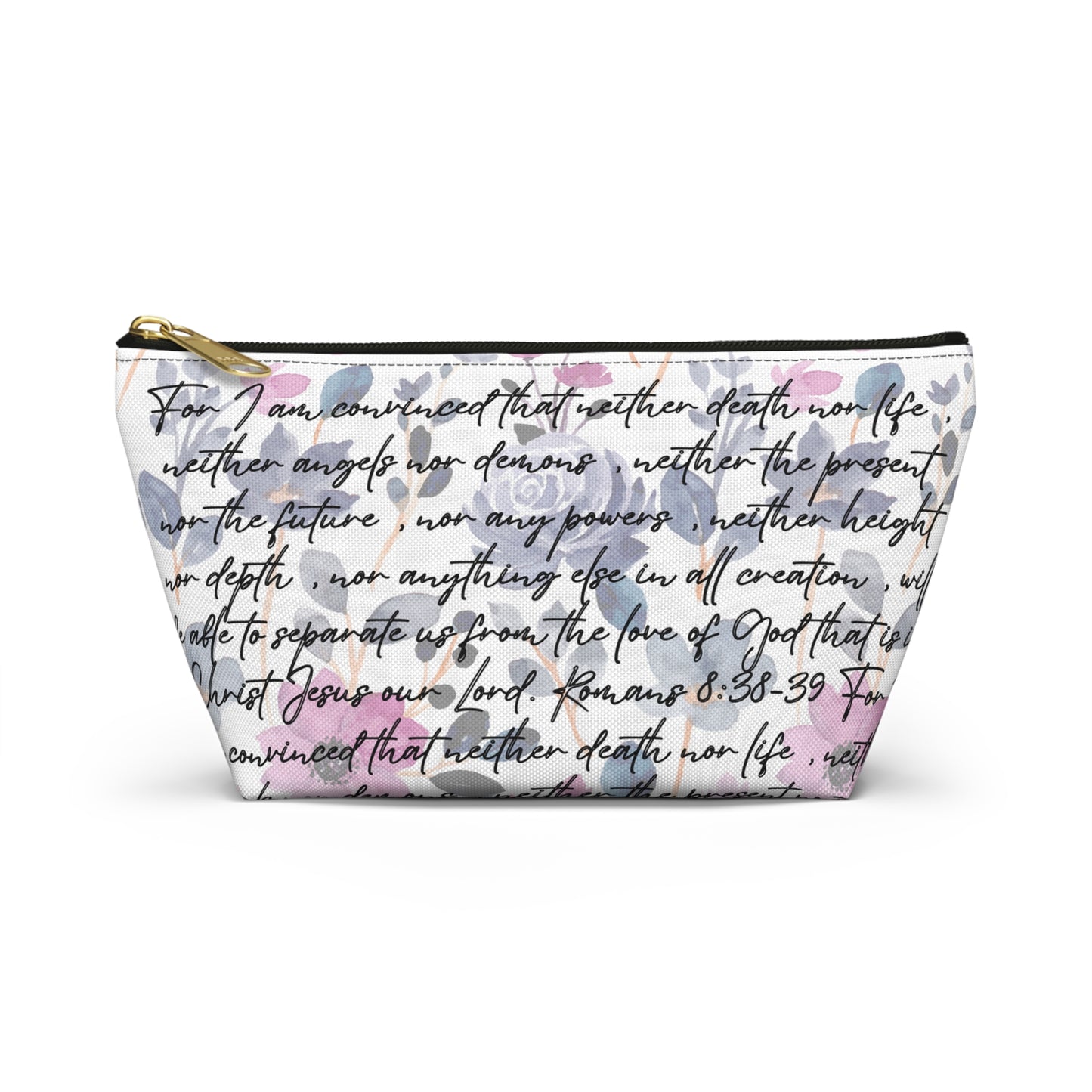 Floral cosmetic pouch with Romans 8:38-39 Bible verse in script, Christian accessory
