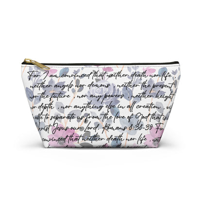 Floral cosmetic pouch with Romans 8:38-39 Bible verse in script, Christian accessory