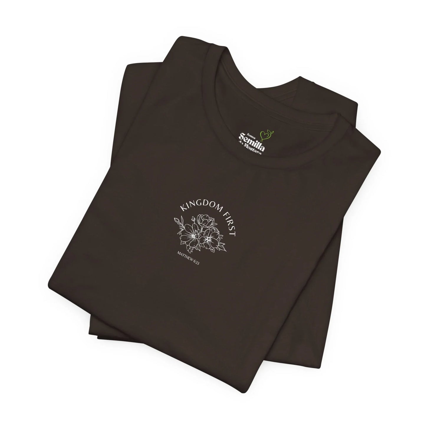 Black Christian t-shirt with 'Kingdom First' text, floral graphic, and Matthew 6:33 scripture.