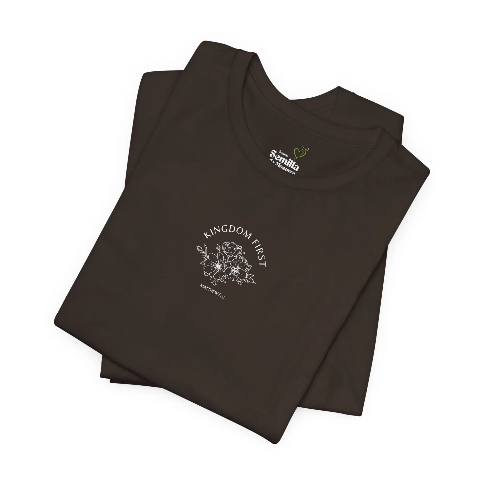 Black Christian t-shirt with 'Kingdom First' text, floral graphic, and Matthew 6:33 scripture.