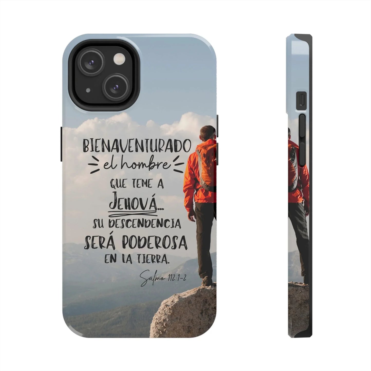 Christian phone case with hiker, Spanish Bible verse, faith-inspired mountain scenery