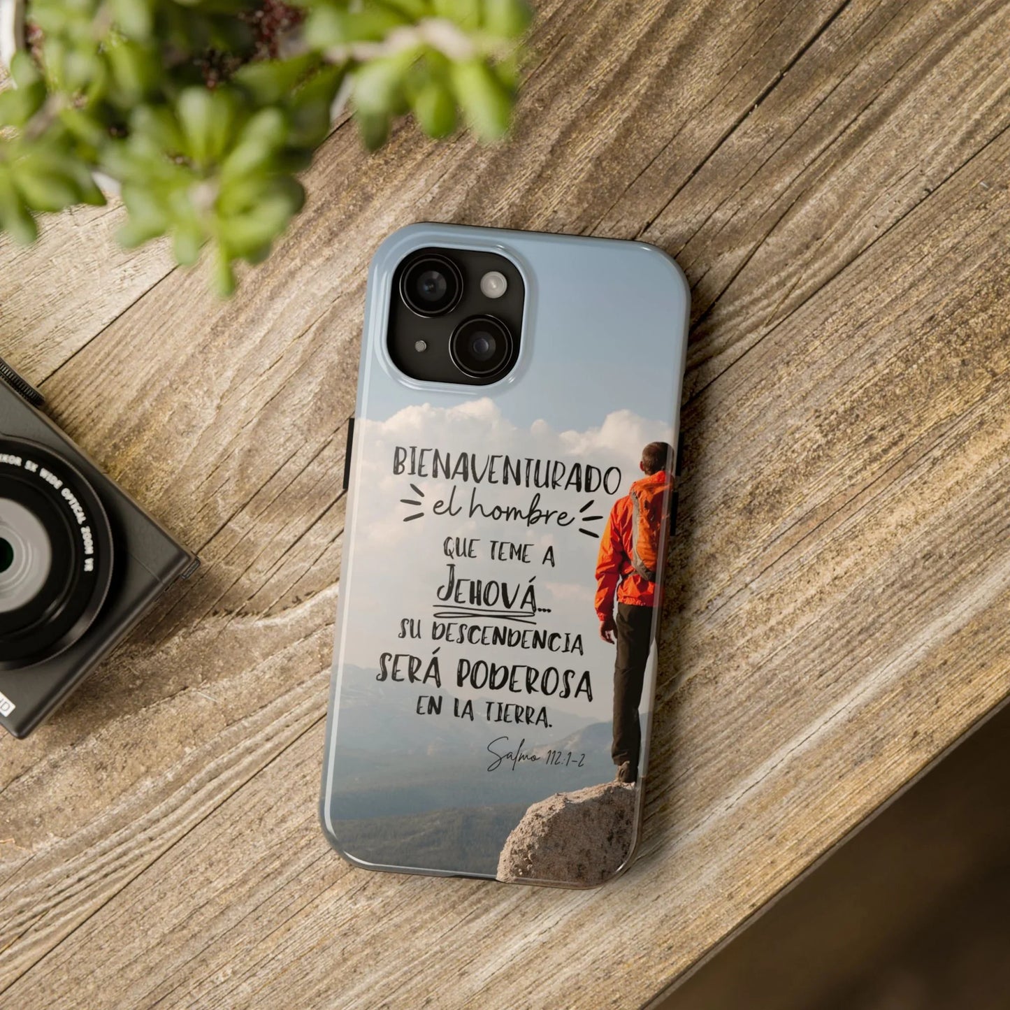 Christian phone case with Spanish Bible verse, hiker on mountain, nature, inspirational gift