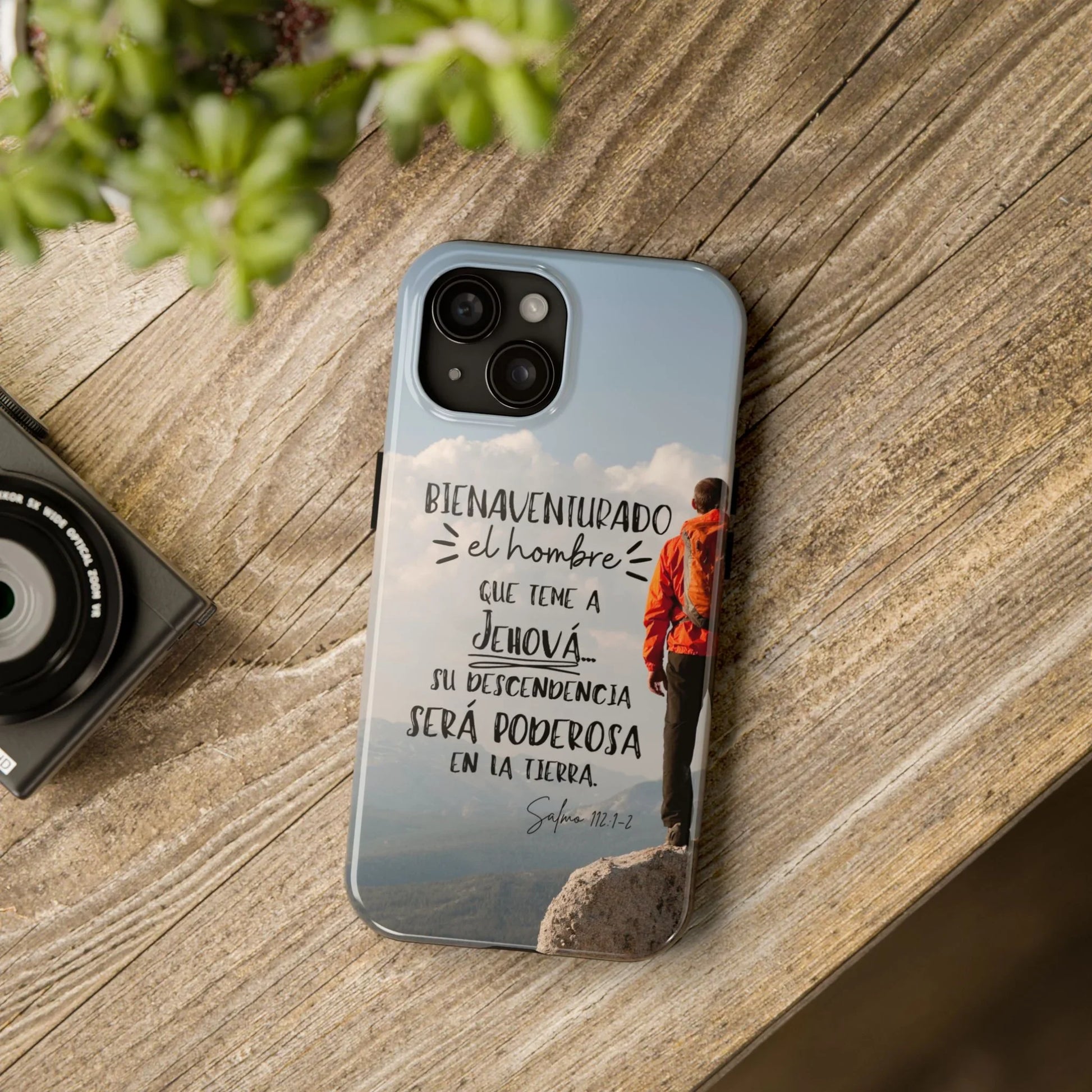 Christian phone case with Spanish Bible verse, hiker on mountain, nature, inspirational gift