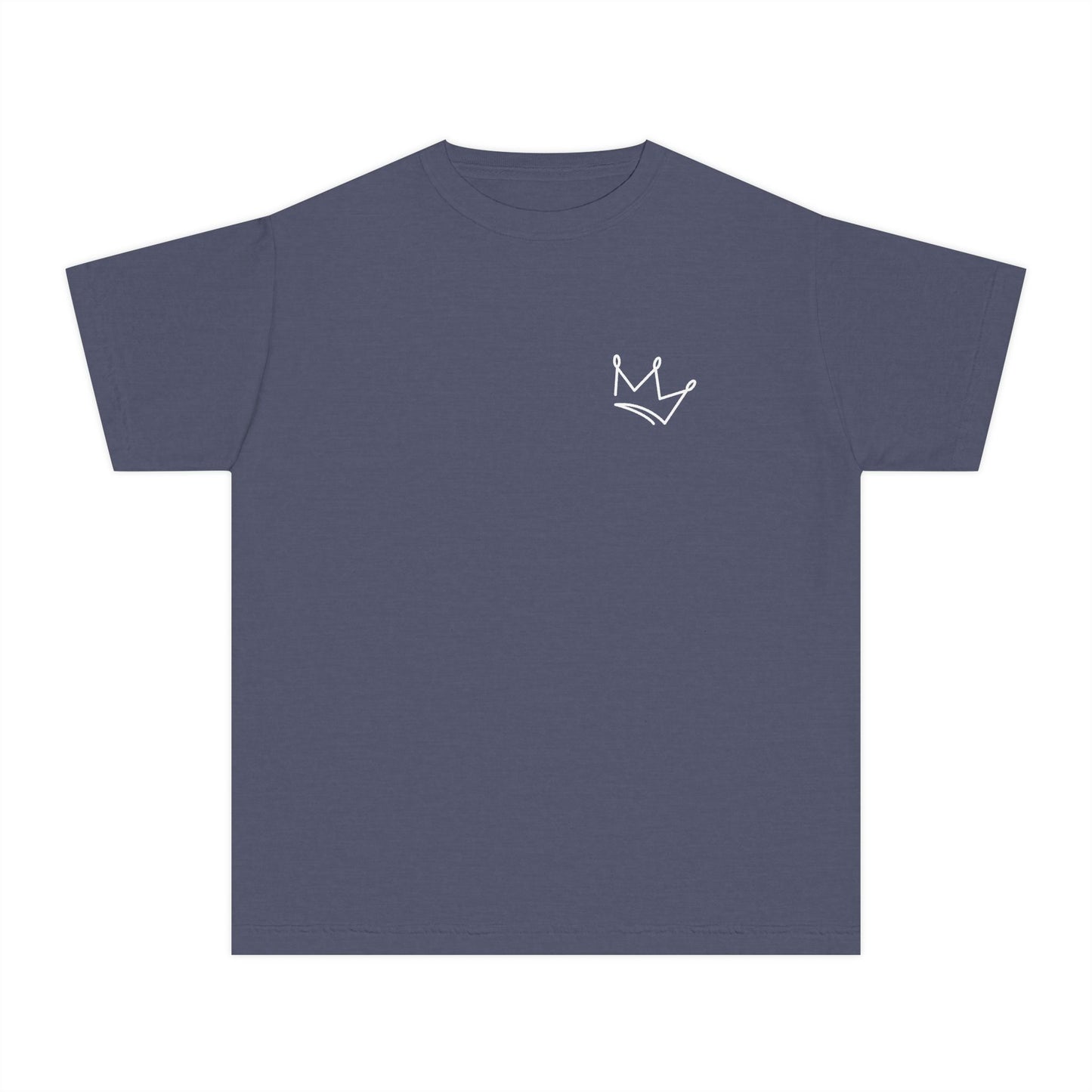 Blue Christian t-shirt with minimalist white crown design on chest