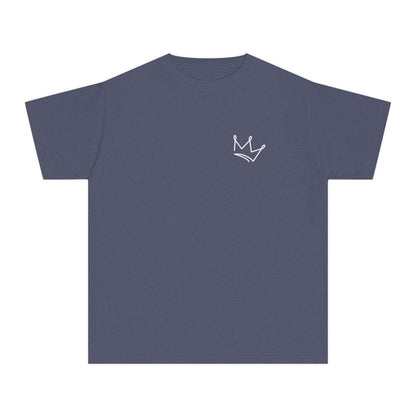Blue Christian t-shirt with minimalist white crown design on chest