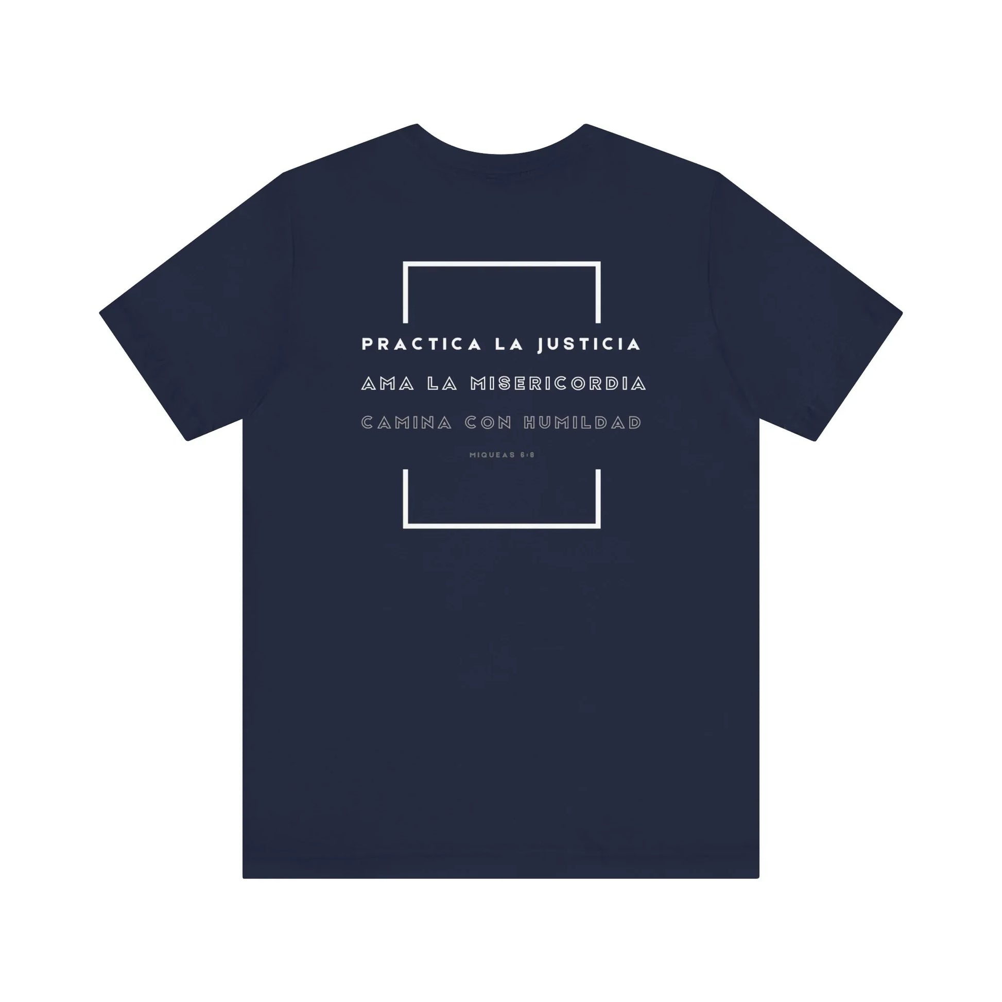 Navy blue Christian t-shirt with Spanish Micah 6:8 Bible verse and modern typography design.
