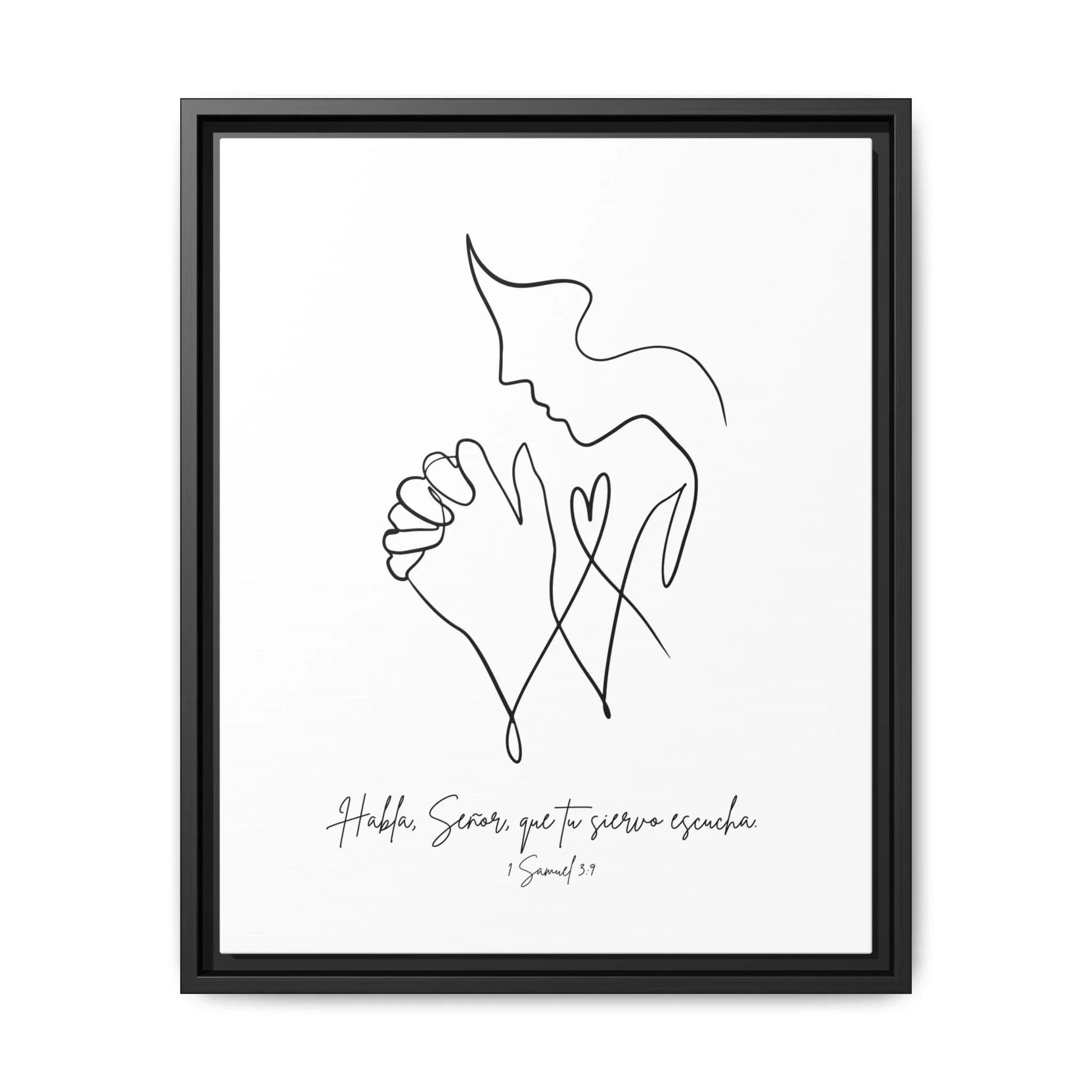 Christian wall art with minimalist line drawing of praying person, Spanish Bible verse decor