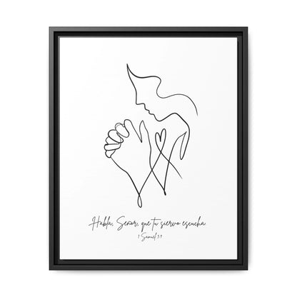 Christian wall art with minimalist line drawing of praying person, Spanish Bible verse decor