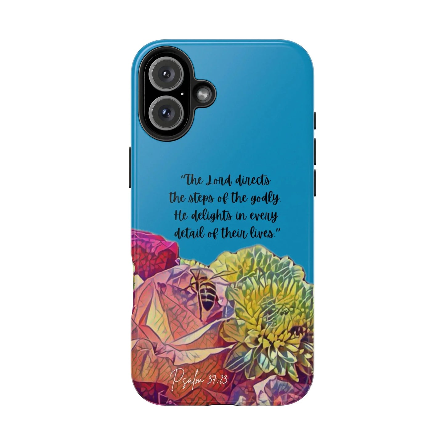 Blue phone case with Psalm 37:23 scripture and colorful floral design, Christian gift