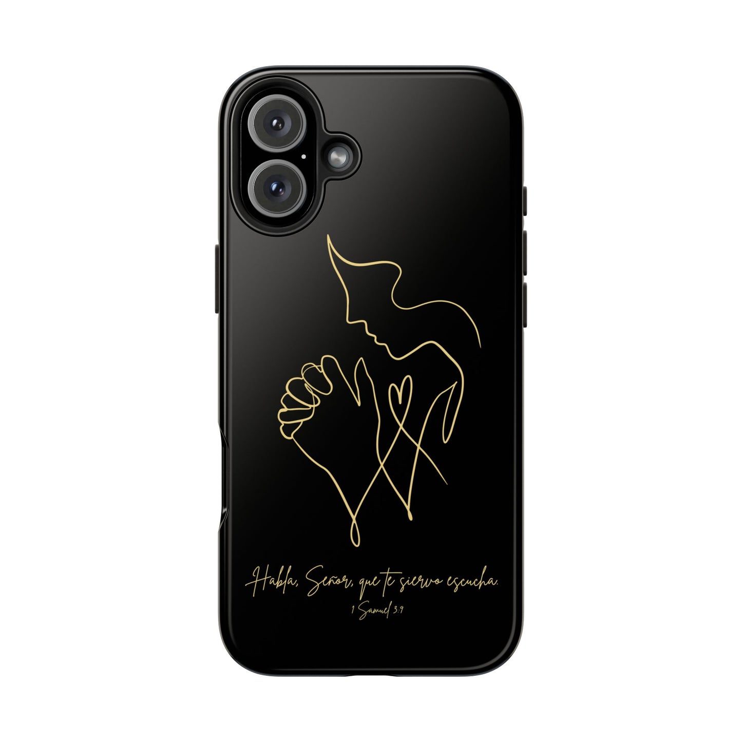 Black phone case with gold outline of praying hands and person, Christian quote in Spanish.