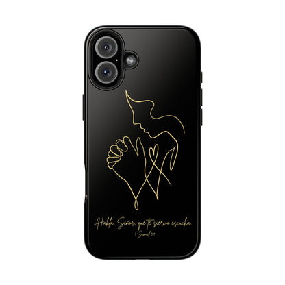 Black phone case with gold outline of praying hands and person, Christian quote in Spanish.