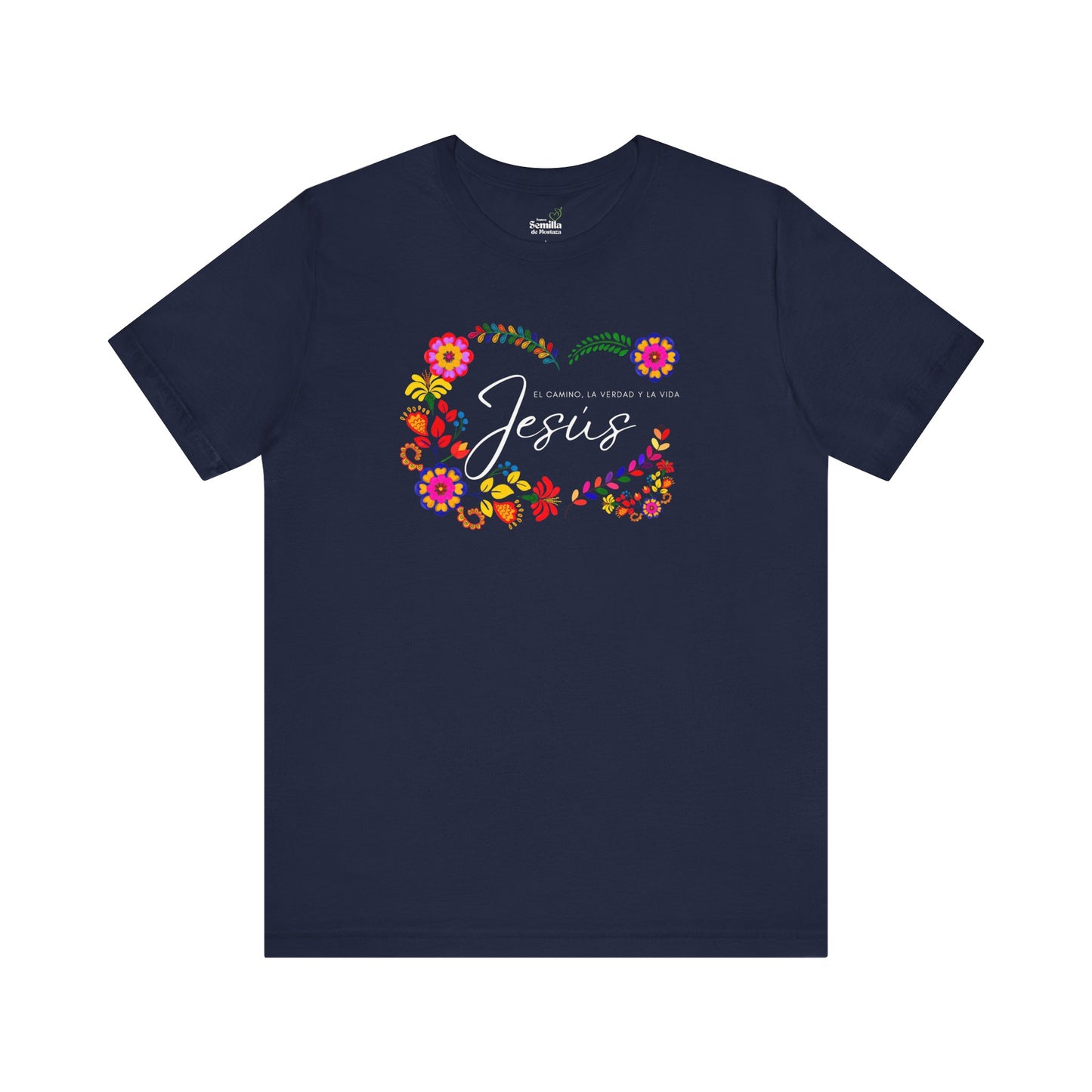 Navy Christian t-shirt with floral design and 'Jesús, el camino, la verdad y la vida' text.