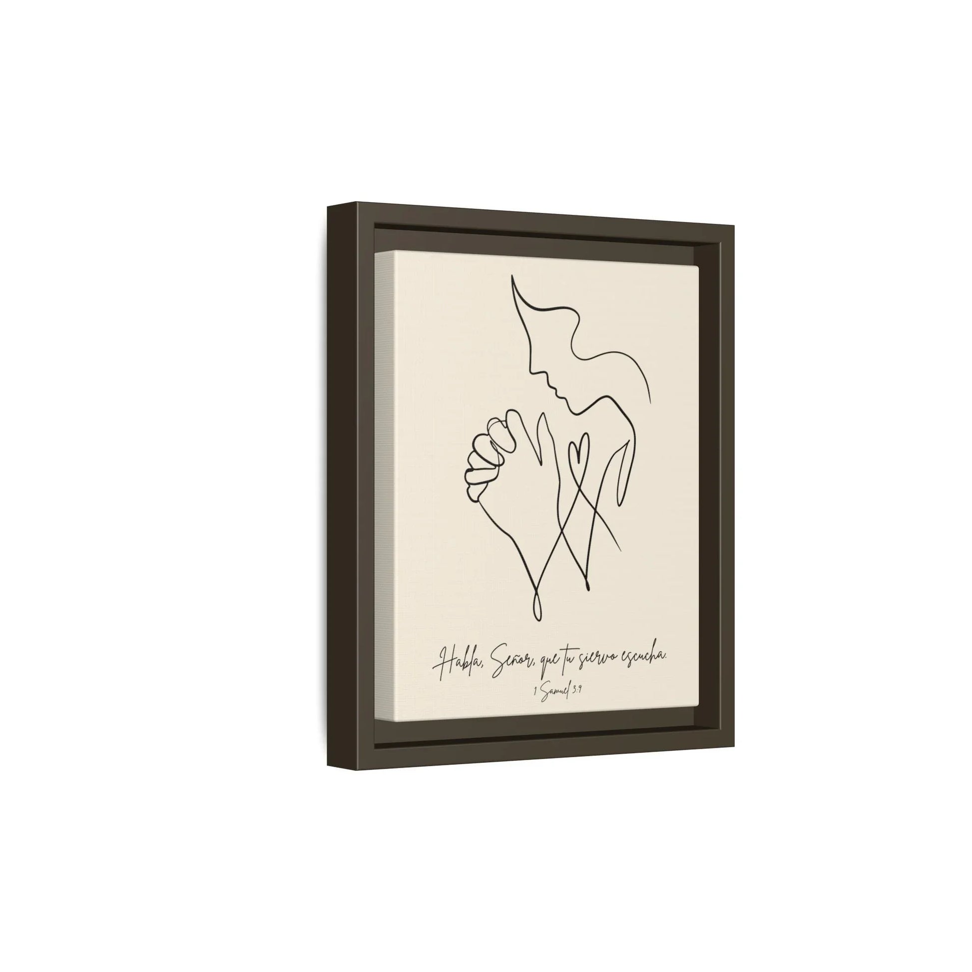 Minimalist Christian wall art with praying figure and Spanish Scripture in black frame