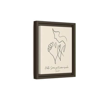 Minimalist Christian wall art with praying figure and Spanish Scripture in black frame