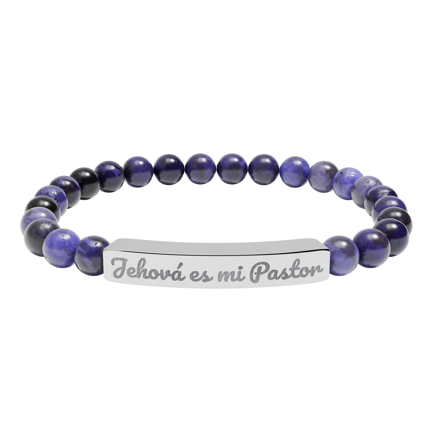 Purple beaded Christian bracelet with silver plate engraved 'Jehová es mi Pastor'.