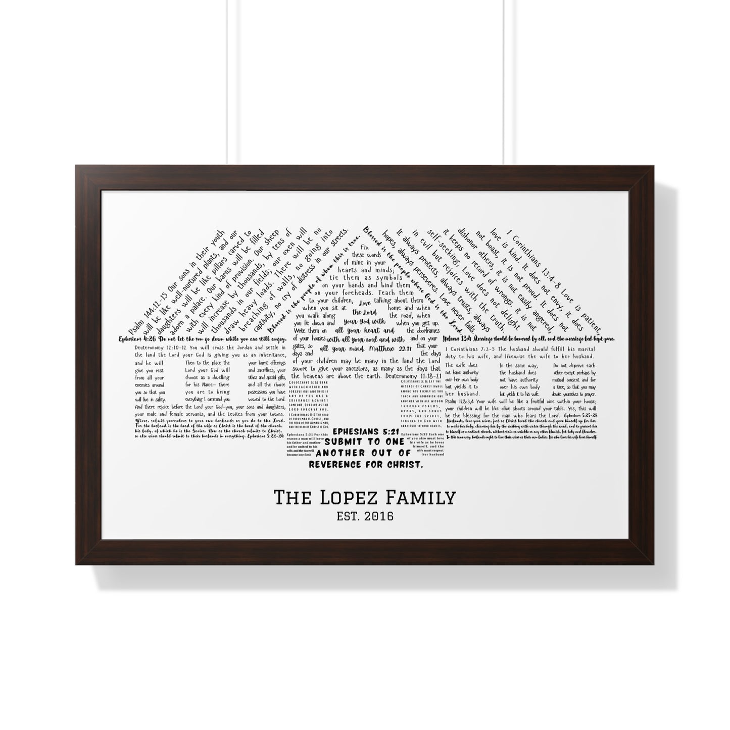 Custom family name wall art with Bible verses shaping a house, Christian home decor print