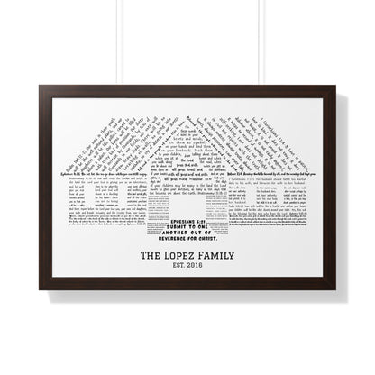 Custom family name wall art with Bible verses shaping a house, Christian home decor print