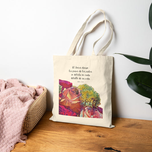 Bolsa Cristiana de Algodón con Versículo – Salmo 37:23 | Floral Christian Cotton Tote Bag