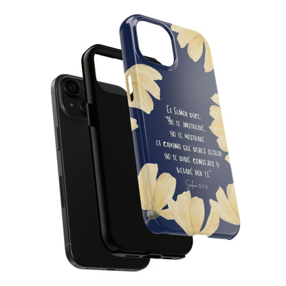 Christian phone case with yellow flowers and Psalm 32:7-8 in Spanish on navy background