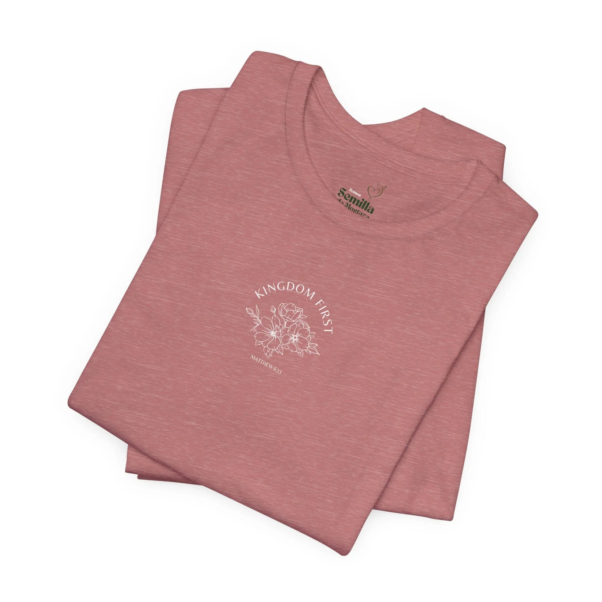 Dusty pink Christian t-shirt with 'Kingdom First' and floral graphic, faith apparel