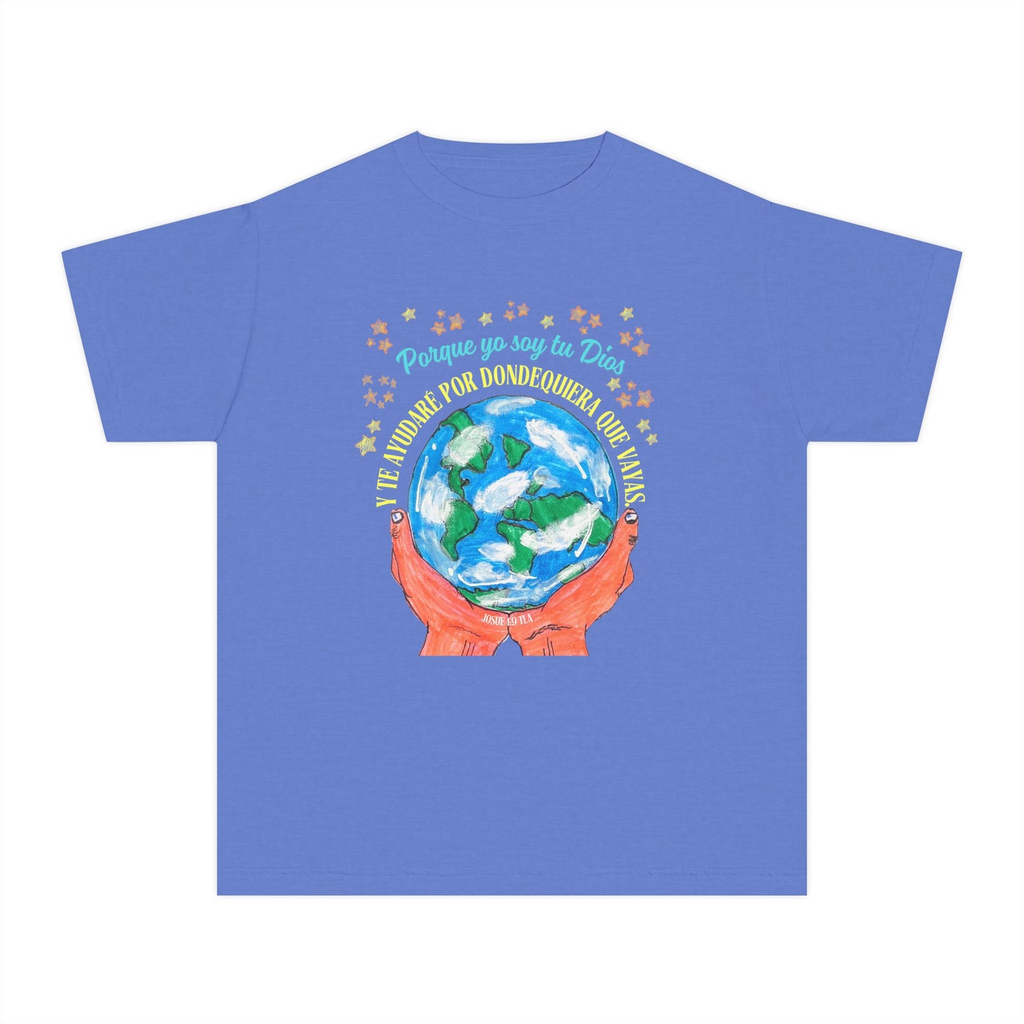 Blue Christian t-shirt with hands holding Earth, Spanish Bible verse and gold stars design