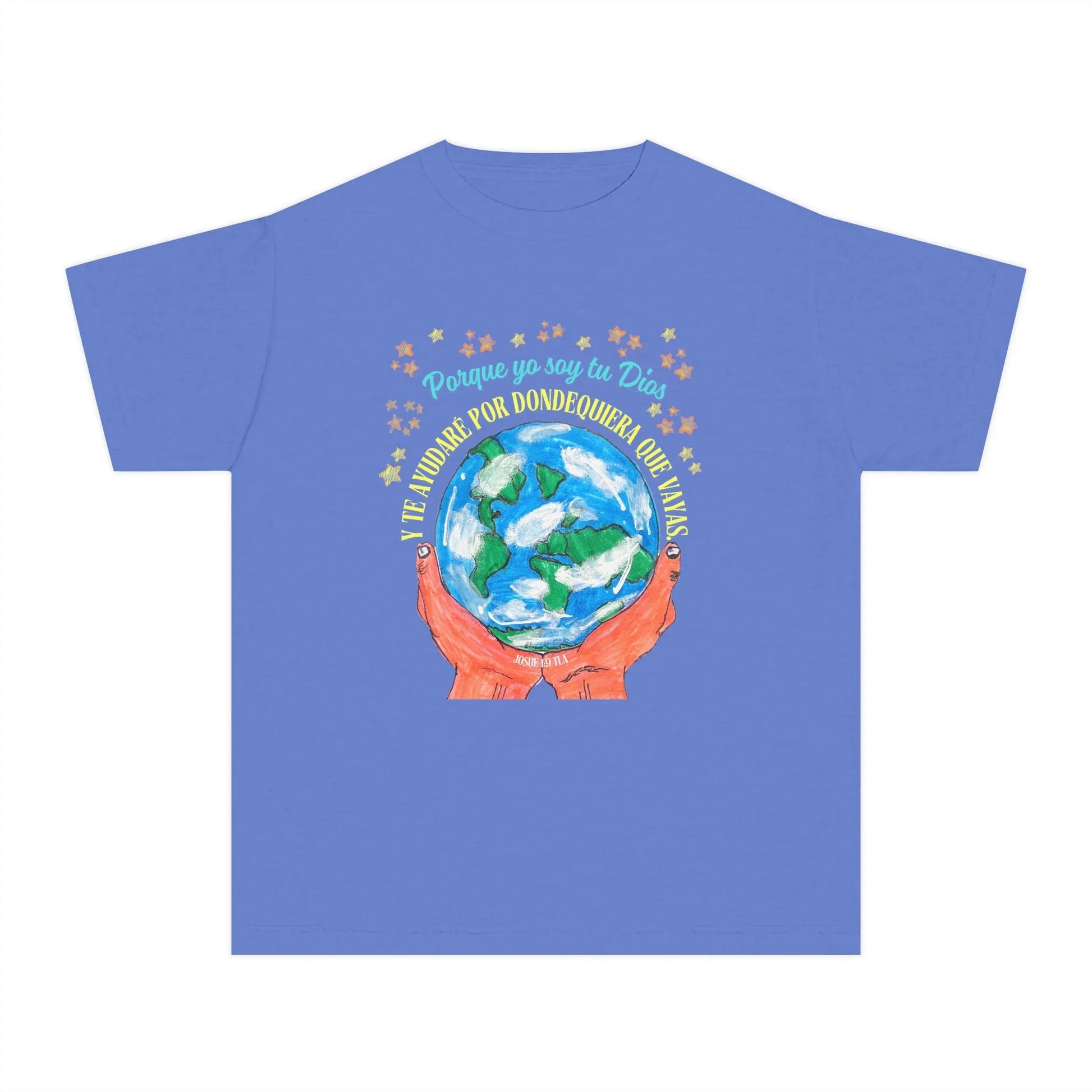 Blue Christian t-shirt with hands holding Earth, Spanish Bible verse and gold stars design