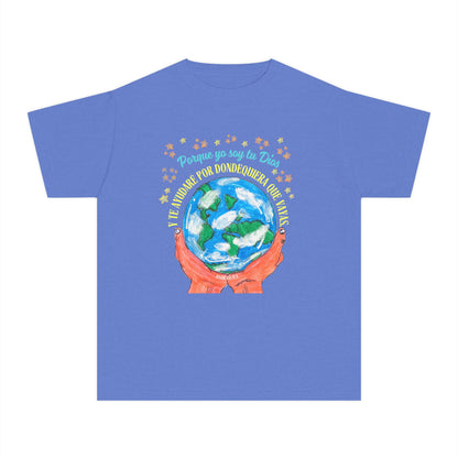 Blue Christian t-shirt with hands holding Earth, Spanish Bible verse and gold stars design