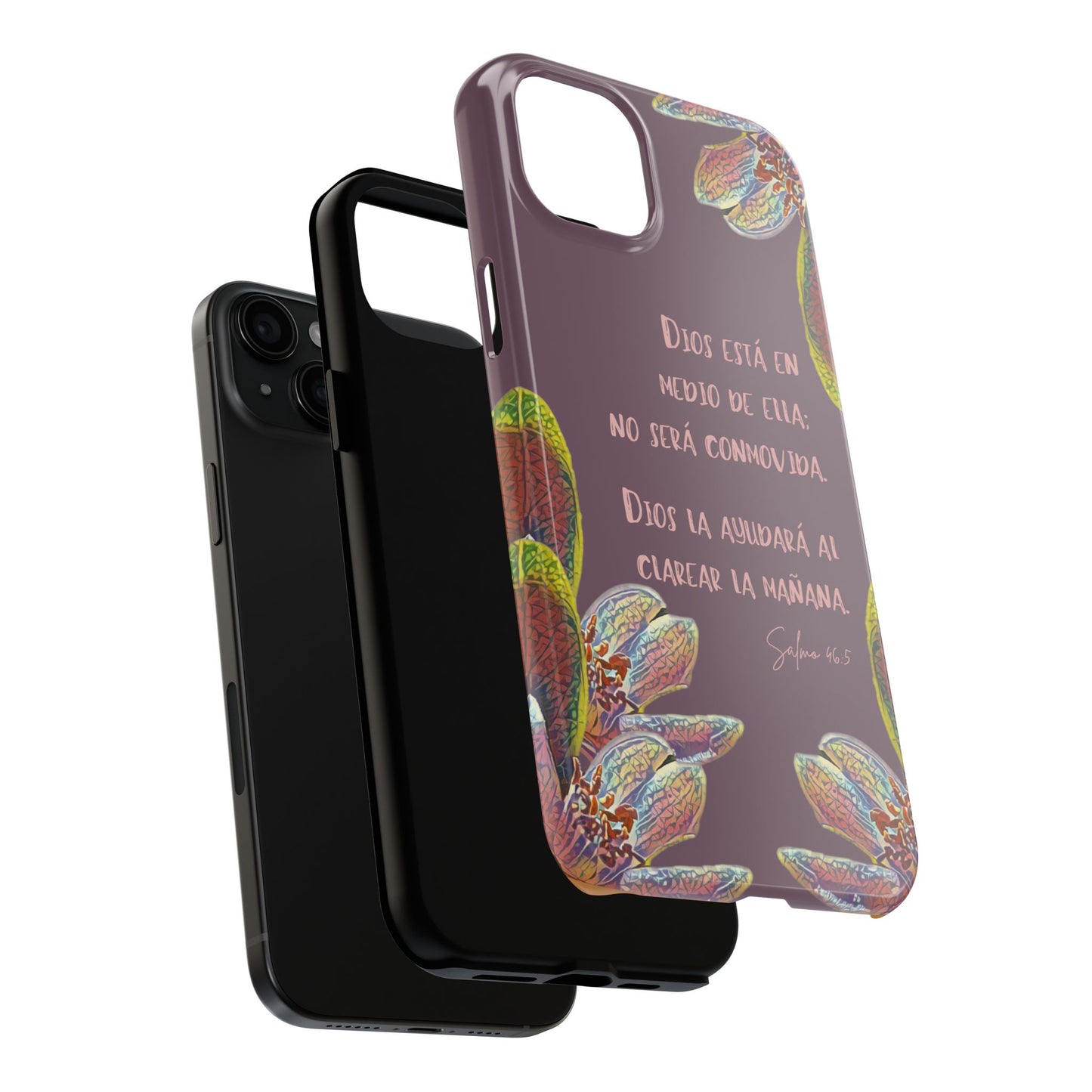 Christian phone case with Psalm 46:5 in Spanish and floral design for iPhone