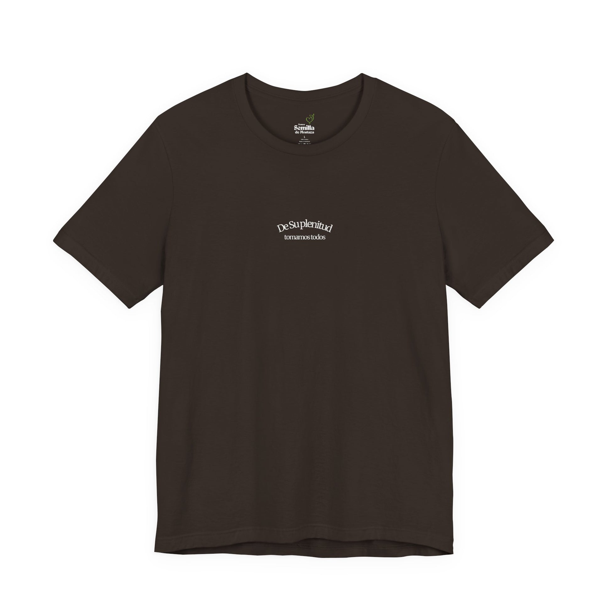 Brown Christian t-shirt with Spanish faith quote 'De Su plenitud tomamos todos' in white text.