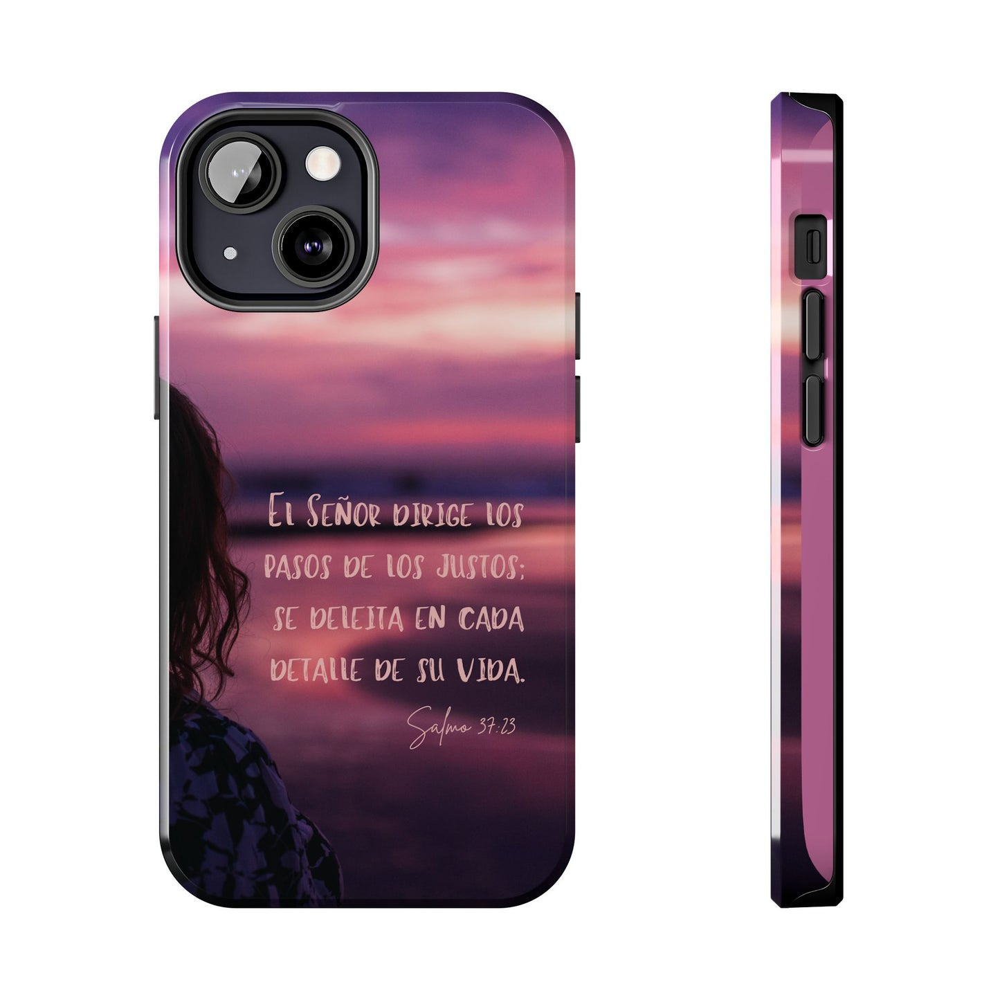 Christian phone case with Spanish Bible verse, sunset background, silhouette at beach
