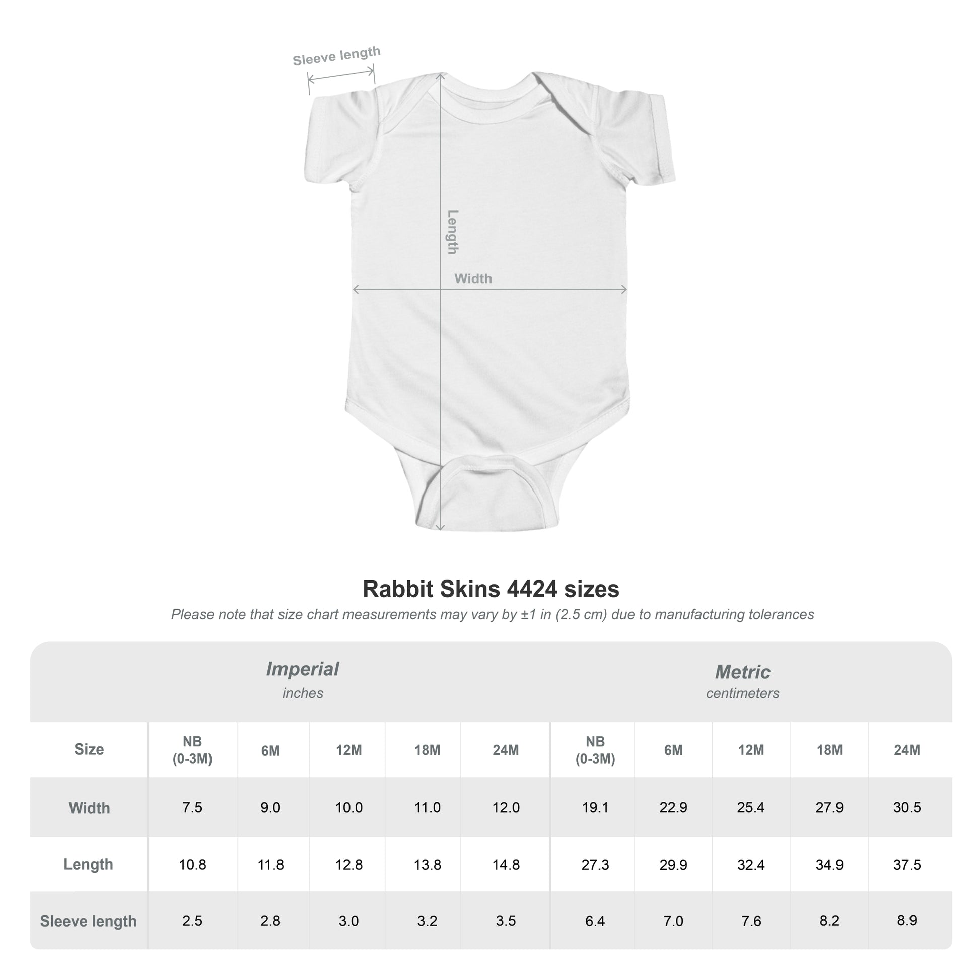 Rabbit Skins 4424 baby onesie size chart with width, length, and sleeve measurements in inches and centimeters.