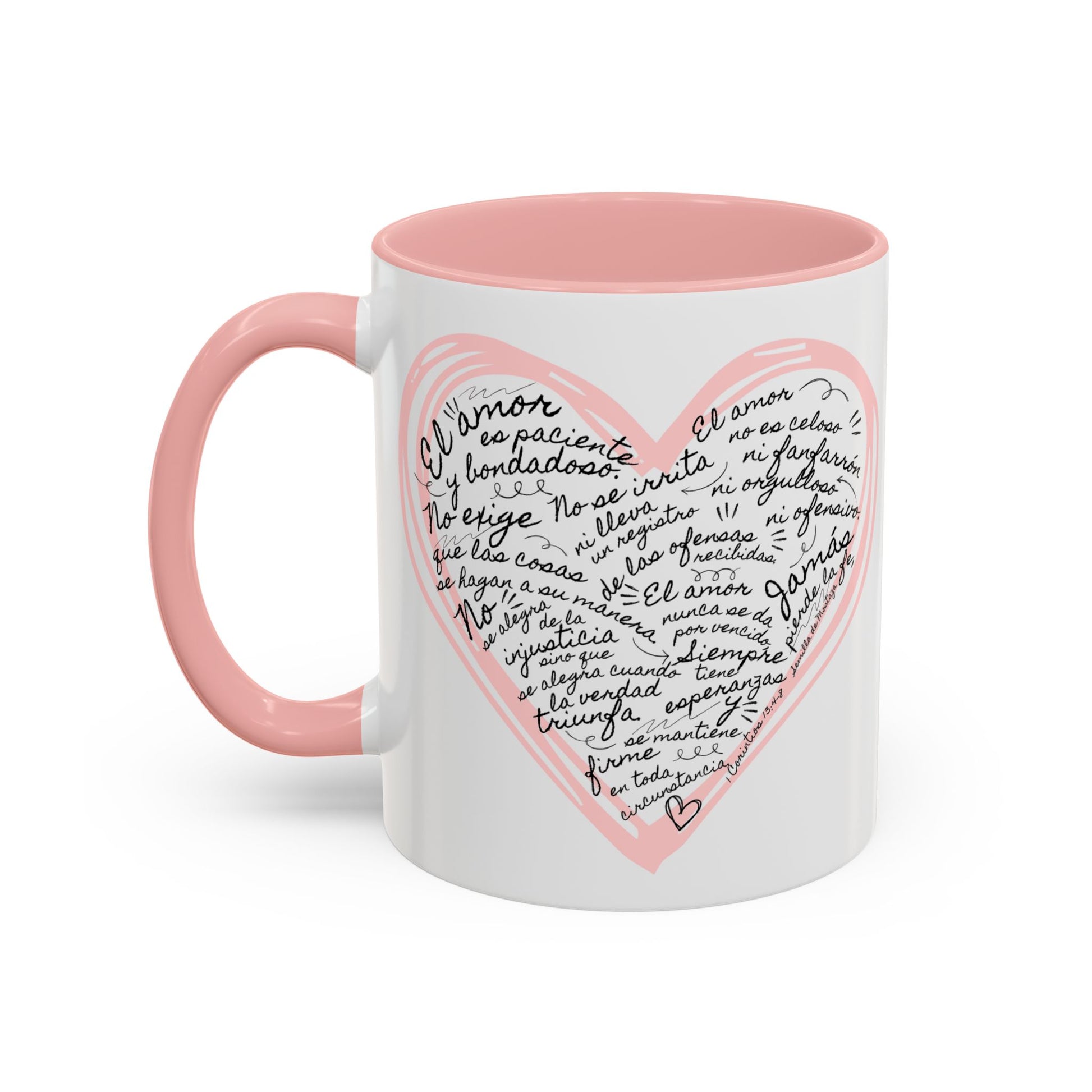 Taza Cristiana con Corazon Rosa - 1 Corintios 13:4-7 - Christian Mug with Bible Verse - Ceramic Accent Mug 11oz / 15oz BPA-Free - Somos Semilla De Mostaza