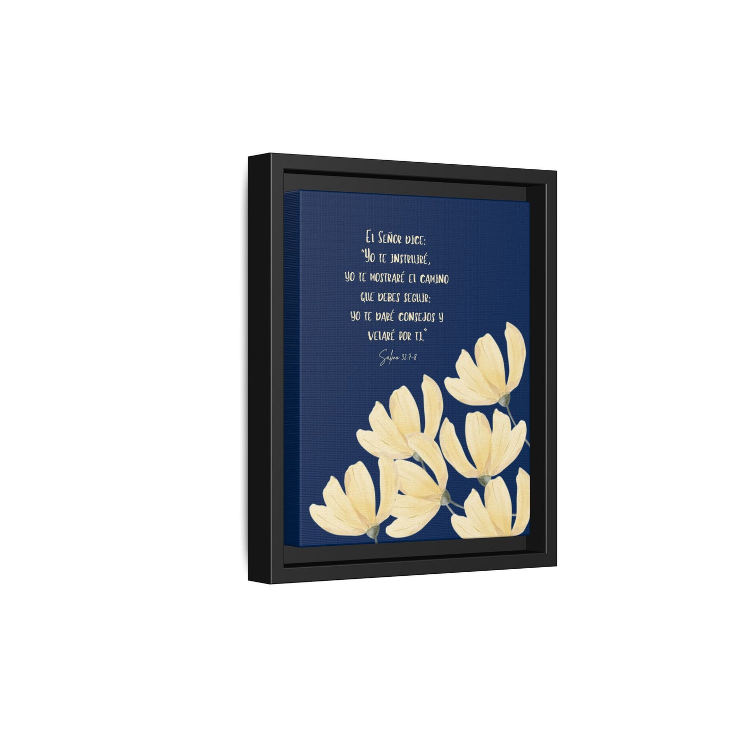 Framed Christian wall art with Spanish Scripture and yellow flowers on navy background