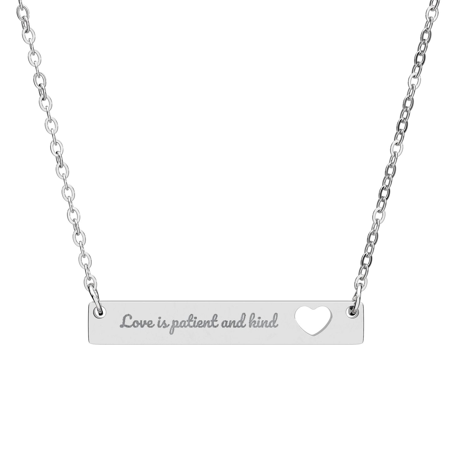 Silver Christian bar necklace engraved with 'Love is patient and kind' and heart cutout