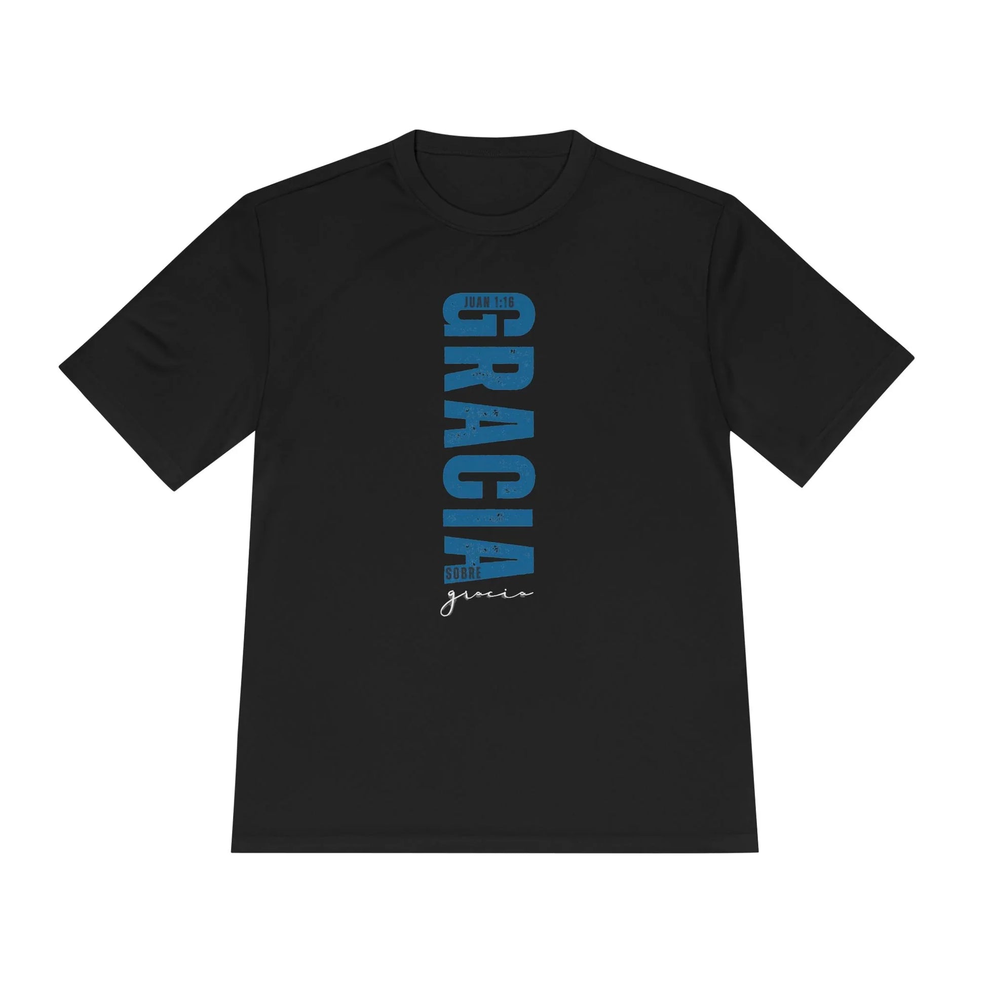 Black Christian t-shirt with blue 'Gracia sobre gracia' and John 1:16 in Spanish text.