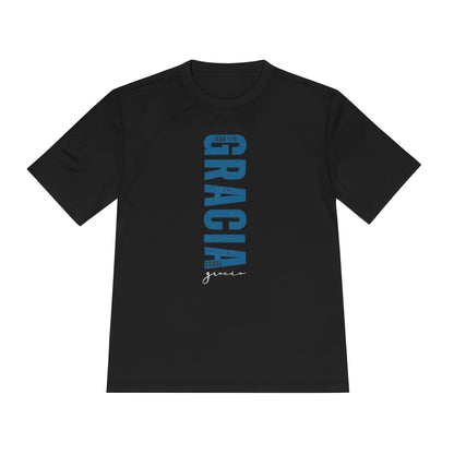 Black Christian t-shirt with blue 'Gracia sobre gracia' and John 1:16 in Spanish text.