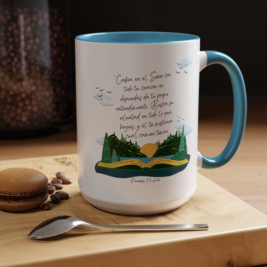 Taza Cristiana de Cerámica con Versículo - Proverbios 3:5-6 - BPA-Free - 11oz / 15oz Color Accent Christian Ceramic Mug